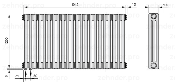 Схема (чертеж) Радиатор Zehnder Charleston 3120/22 №3370 Белый глянцевый RAL 9016